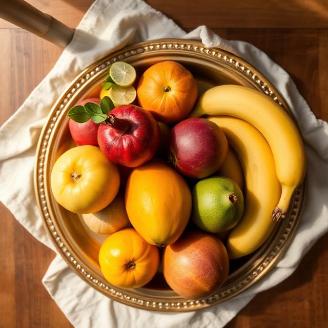 Seasonal Indian fruits — apples, bananas and pomegranate — arranged in a brass tray