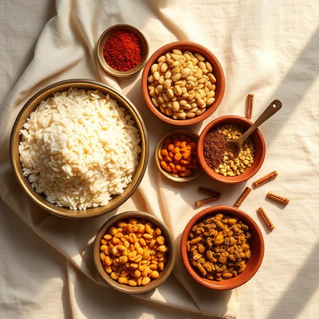 Household staples — atta, rice, dal and whole spices in open jars